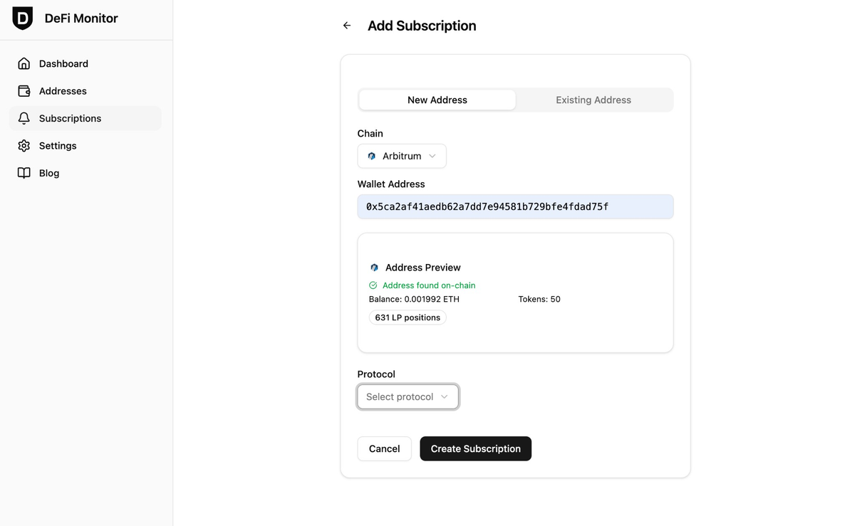 Add Subscription form: chain selection, wallet address input, and on-chain preview
