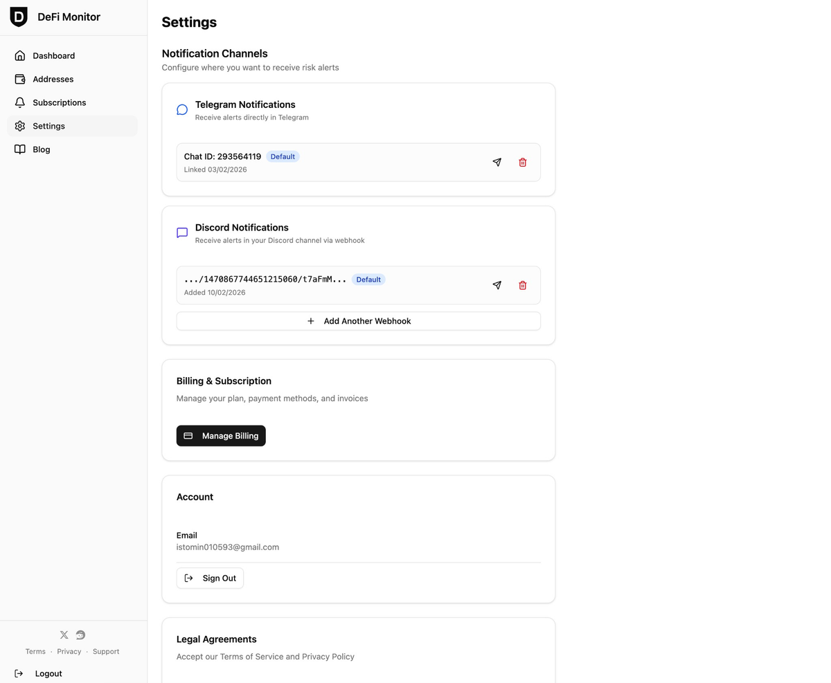 Settings: Notification channels with Telegram and Discord connected